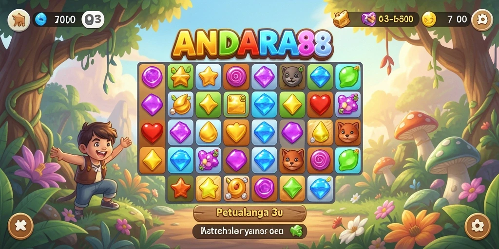 Tampilan gameplay ANDARA88 dengan permata berwarna-warni mengasyikkan.