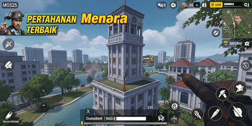 Tampilan menara pertahanan dalam aksi menghadapi gelombang musuh.
