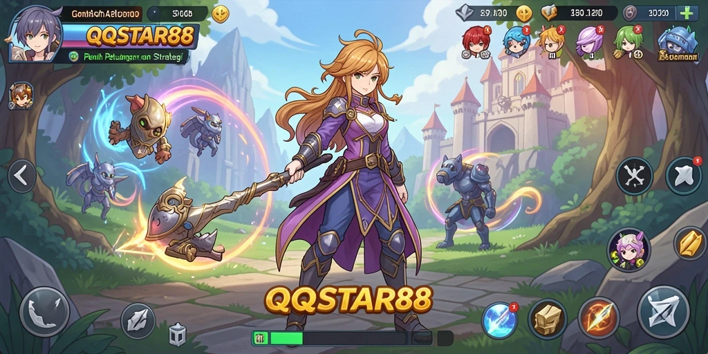 Tampilan gameplay seru dari QQSTAR88 dengan karakter anime yang menyenangkan.